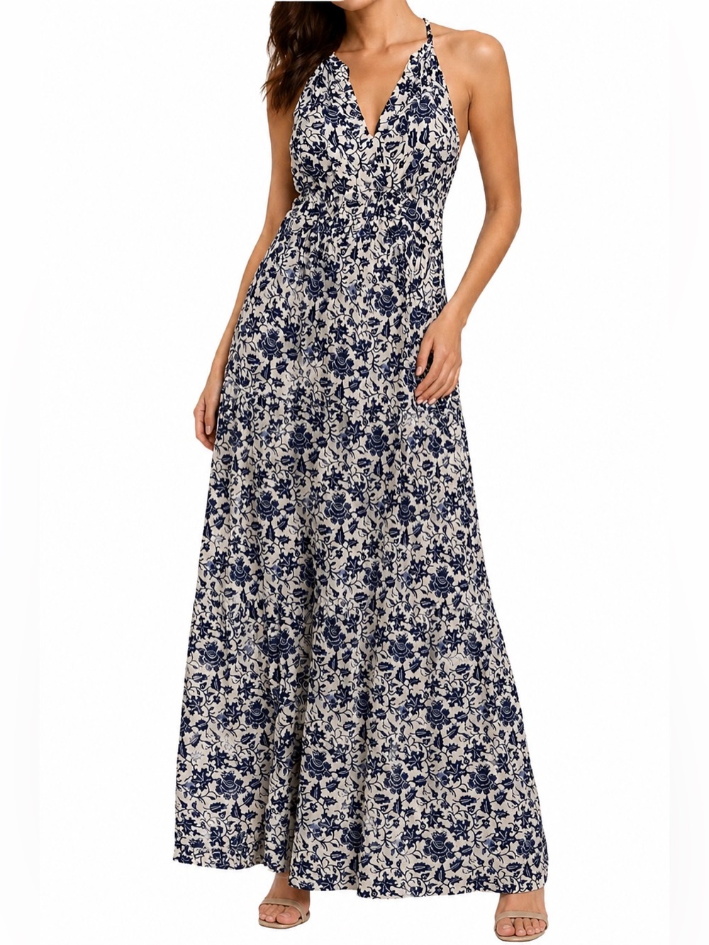 House of Harlow x Revolve Dress Blue Cream Floral Sleeveless V-Neck Maxi Sz M